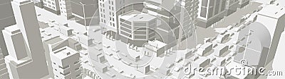 City buildings background street In light gray tones. 3d road Intersection. High detail city projection view. Cars end buildings Cartoon Illustration