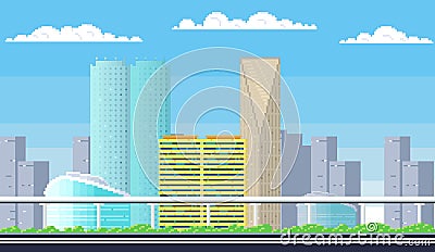 City buildings. Downtown pixelated cityscape. Scenery skyline. Suburban pixel town silhouette Stock Photo