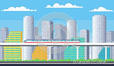 City buildings. Downtown pixelated cityscape. Scenery skyline. Suburban pixel town silhouette Vector Illustration