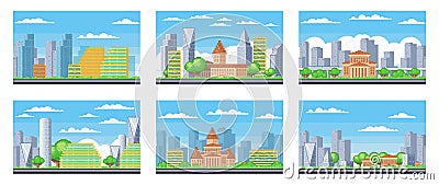 City buildings. Downtown pixelated cityscape set. Scenery skyline. Suburban pixel town silhouette Vector Illustration