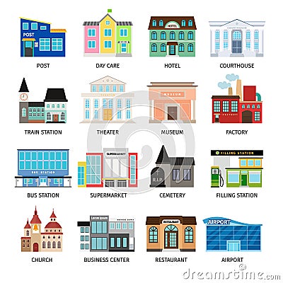 City buildings flat icons on white Vector Illustration