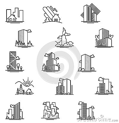City buildings line icon set. Office building, apartment house, business area. Urban life concept. Can be used for Vector Illustration