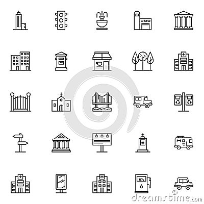 City buildings outline icons set Vector Illustration