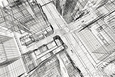 City buildings project, 3d wireframe print, urban plan. Architecture Stock Photo