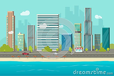 City buildings from sea beach view vector illustration, flat cartoon high city skyscraper buildings on seafront, modern Vector Illustration