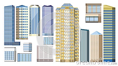 City buildings. Set. Isolated vector. Residential multi-storey apartment buildings. Office centers. Town. Supermarkets, hotels. ki Vector Illustration