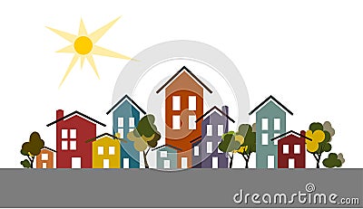 City houses with trees and shiny sun Vector Illustration