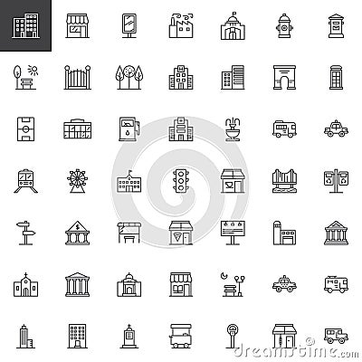 City buildings and transportation line icons set Vector Illustration