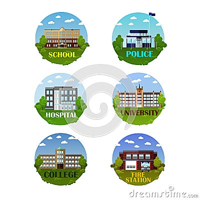 City buildings vector icon set in flat style. Design elements and emblems. Vector Illustration