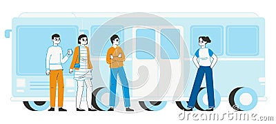 City bus passengers. Public bus station, people waiting bus at public transport staton flat vector illustration on white Vector Illustration