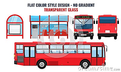 City Bus and Bus stop, side front and back view. Flat color style vector illustration. Vector Illustration