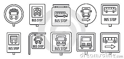 City bus stop sign icon set, outline style Vector Illustration
