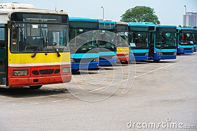 City buses in the parking lot at the bus station Stock Photo