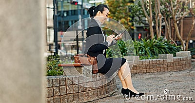 City, business and woman with smartphone, smile and typing with connection, online news and digital app. Japan, person Stock Photo