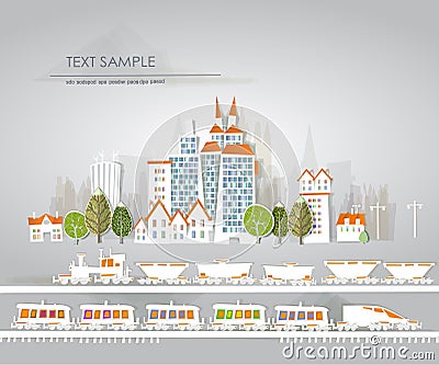 City and busy railways. Trans bringing cargo White city collection Vector Illustration