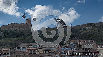City cableway in Tbilisi against the background of Narikala fortress. Narikala - Rike Park. Georgia Stock Photo