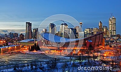 City of Calgary skyline at night in the winter Stock Photo