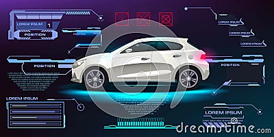City car vector. Futuristic user interface. HUD UI. Abstract virtual graphic touch user interface. Cars infographic. Car options. Stock Photo