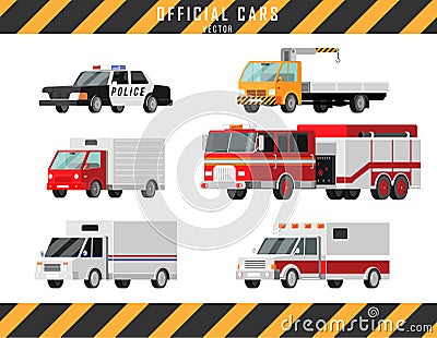 City cars vector icons set. Ambulance, police, fire truck, mail truck, tow truck, crane, truck Vector Illustration