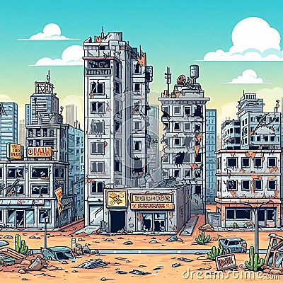 City Cartoon With Empty Destroyed Living Buildings Stock Photo