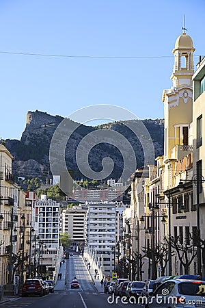 The city center of Alcoy and Sierra de Mariola in the background Editorial Stock Photo