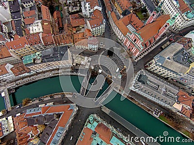 City center of Ljubljana with the river Ljubljanica and the triple bridge Tromostovje, Slovenia Stock Photo