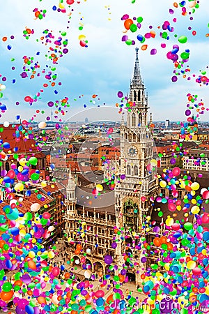 Munich, Marienplatz and townhall with air balloons Stock Photo