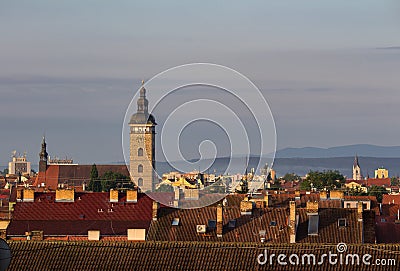 City Ceske Budejovice with black tower in morning light Stock Photo