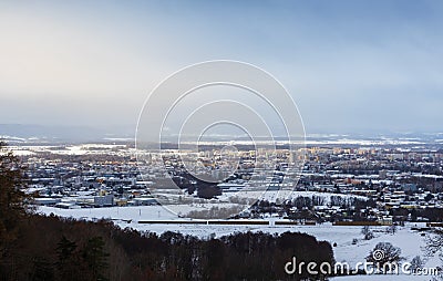 City Ceske Budejovice in snow winter weather at morning gold light Stock Photo