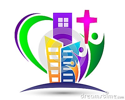 City Church logo with family with love heart shaped Stock Photo