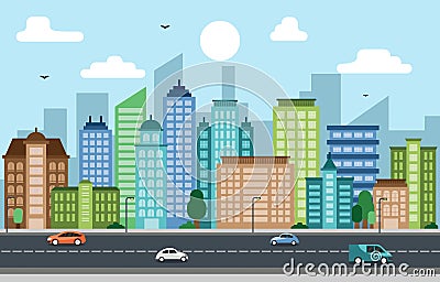 City Cityscape Skyline Landmark Building Traffic Street Illustration Vector Illustration