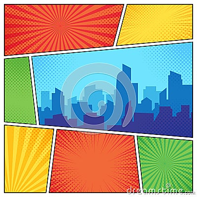 City on comic page. Comics book frames composition on strip halftone background. Cartoon books vector template layout Vector Illustration