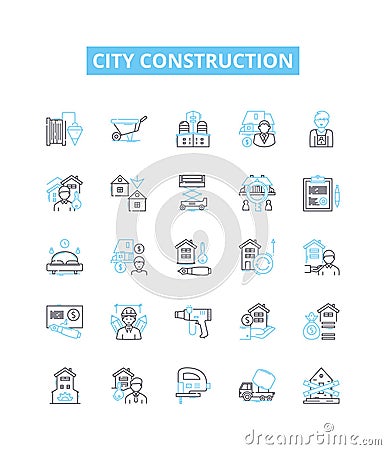 City construction vector line icons set. Urbanization, architecture, infrastructure, building, redevelopment, planning Vector Illustration