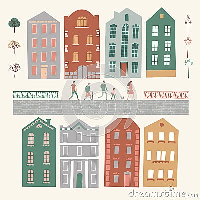 City constructor with houses, people, trees, lampposts. Cartoon Illustration