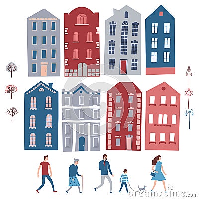 City constructor with houses, people, trees, lampposts. Cartoon Illustration