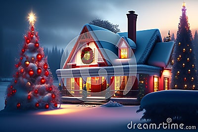 city with cristmas view, christmas concept house, cristmas bright lights, new year evening, beautiful christmas tree, AI Stock Photo