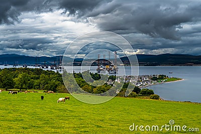 City Of Cromarty With Cattle On Pasture And Oil Rigs In The Cromarty Firth In Scotland Stock Photo