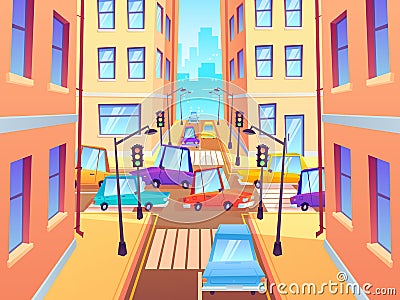 City crossroad with cars. Road traffic intersection, town street car jam and crosswalk with traffic lights cartoon Vector Illustration