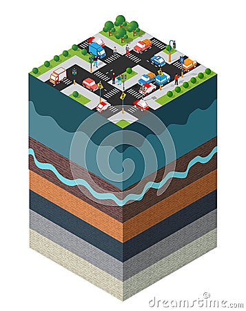 City crossroads auto urban landscape Soil layers geological and underground Vector Illustration