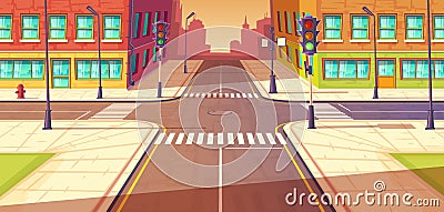 City crossroads, intersection vector illustration. Urban highway, crosswalk with traffic lights. Vector Illustration