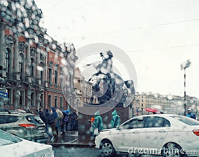 Sankt-Petersburg city rain bridge cars sculpture architecture Editorial Stock Photo