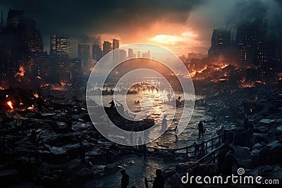 City destroyed by a fire. Collage. Elements of this image furnished by NASA, a dystopian world destroyed by overpopulation, AI Stock Photo