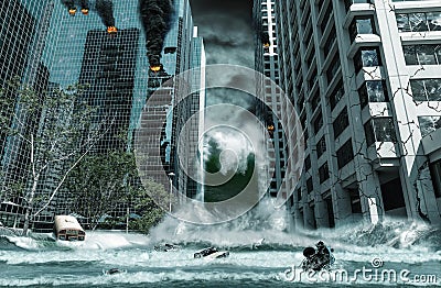 City Destroyed by Tsunami Stock Photo