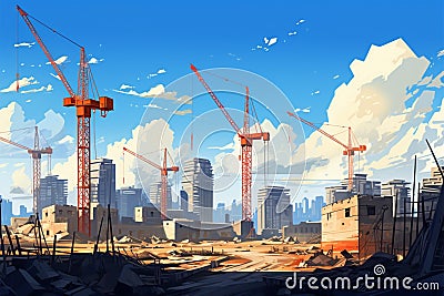 City development Vector illustration of construction site, cranes, building under construction Cartoon Illustration