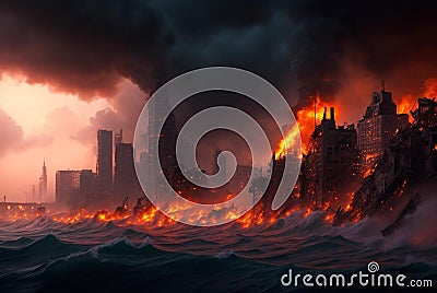 City in disarray, with billowing smoke and flames engulfing the landscape Stock Photo