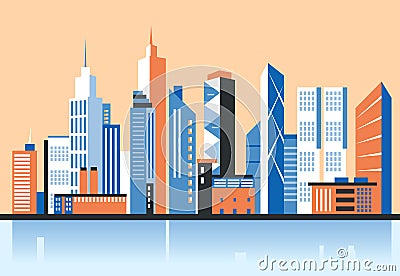 City downtown landscape. Skyscrapers in the town. Flat vector illustration. Vector Illustration