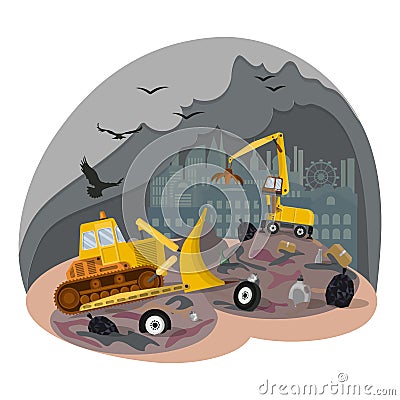 City dump, landfill. Special equipment. Problem of waste disposal Vector Illustration