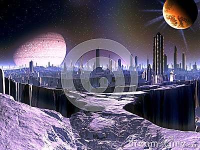 City on Dying Alien World with Satellite Ship in O Stock Photo