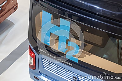 City electric bus GAZ CITYMAX 12 powered by hydrogen fuel. Rear part the bus with big H2 logo on the rear window. GAZ Editorial Stock Photo