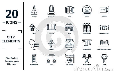city.elements linear icon set. includes thin line church, slide, park, phone booth, stop, motel, government buildings icons for Vector Illustration